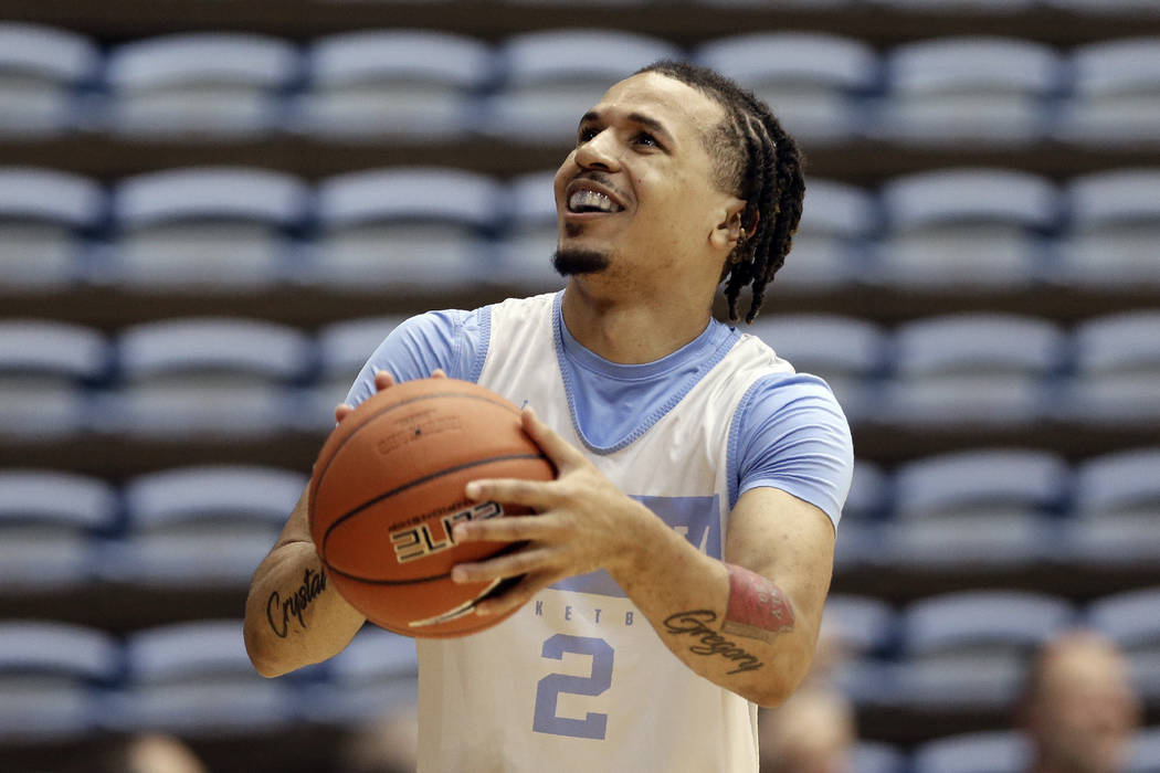 North Carolina's Cole Anthony shoots during NCAA college basketball practice in Chapel Hill, N. ...