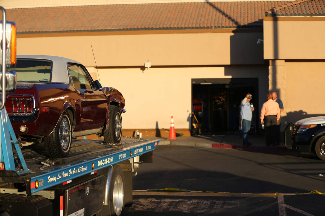 The scene of a car crash at Smith's, 3850 E Flamingo Road, in Las Vegas, Friday, Nov. 1, 2019. ...