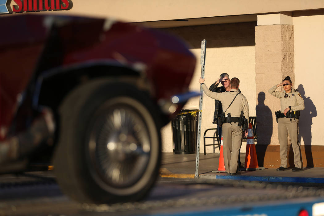 The scene of a car crash at Smith's, 3850 E Flamingo Road, in Las Vegas, Friday, Nov. 1, 2019. ...