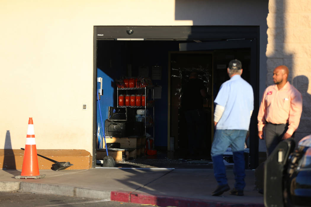 The scene of a car crash at Smith's, 3850 E Flamingo Road, in Las Vegas, Friday, Nov. 1, 2019. ...