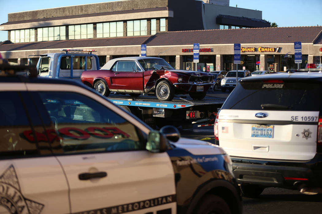 The scene of a car crash at Smith's, 3850 E Flamingo Road, in Las Vegas, Friday, Nov. 1, 2019. ...