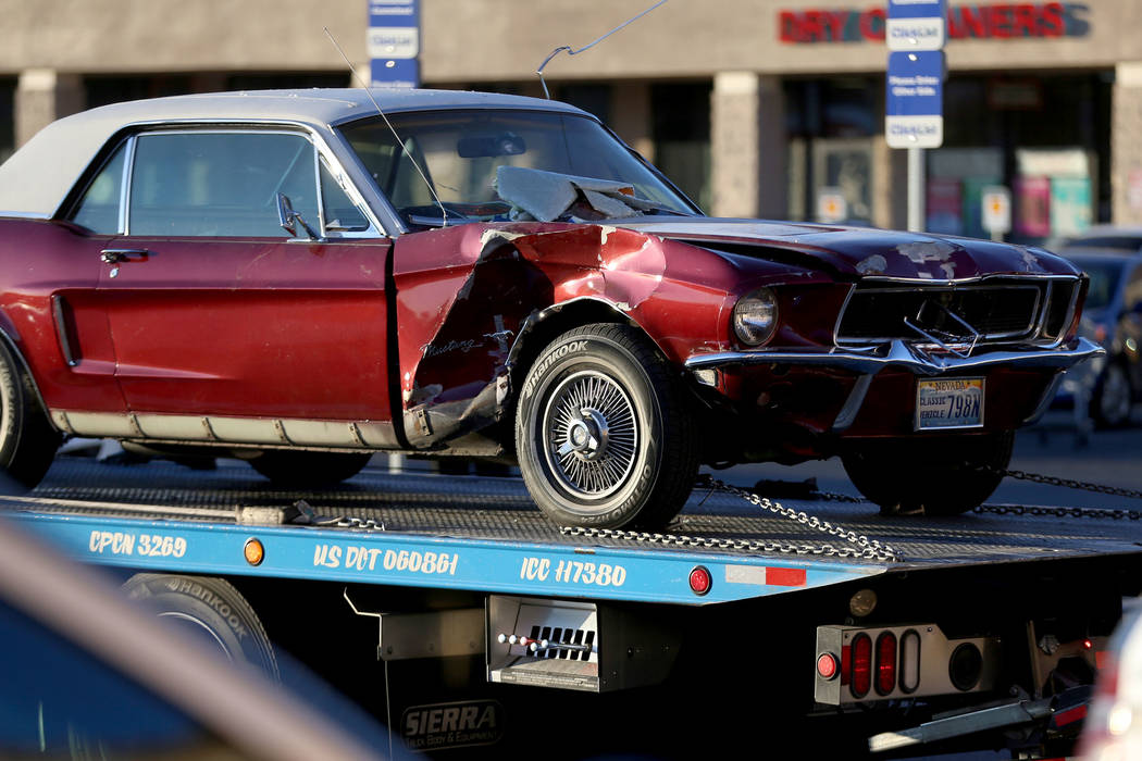 The scene of a car crash at Smith's, 3850 E Flamingo Road, in Las Vegas, Friday, Nov. 1, 2019. ...