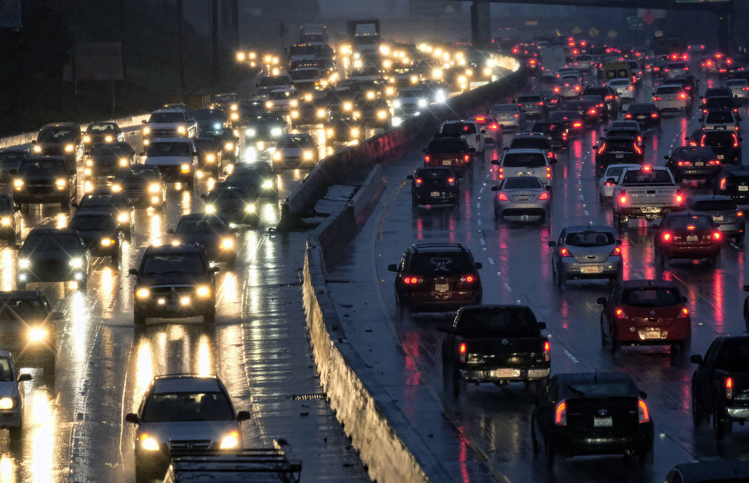 Traffic crawls along the Hollywood Freeway toward downtown Los Angeles in 2017. (AP Photo/Richa ...