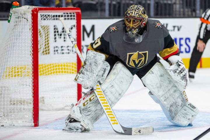 Vegas Golden Knights goaltender Malcolm Subban (30) looks to a wide shot by the Winnipeg Jets d ...