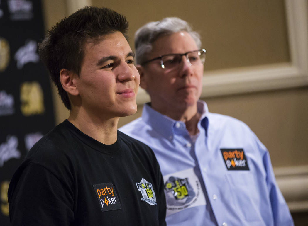 Las Vegas resident and "Jeopardy!" sensation James Holzhauer, left, speaks alongside Poker Hall ...