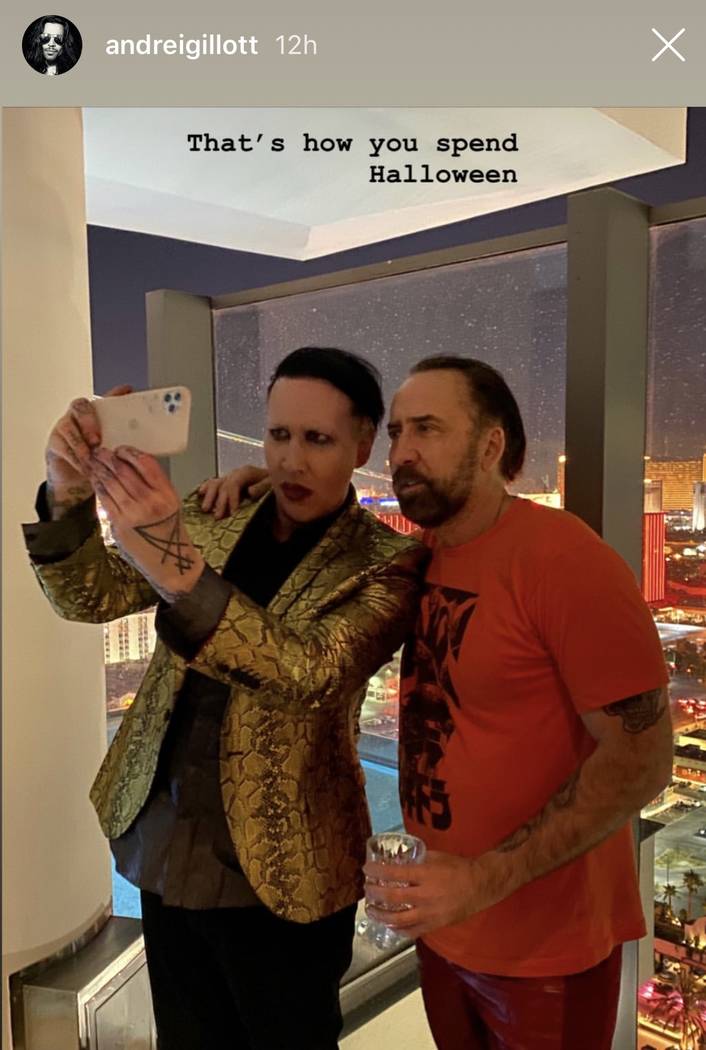 Marilyn Manson and Nic Cage pose for a backstage at Manson's performance at Pearl Concert Theat ...