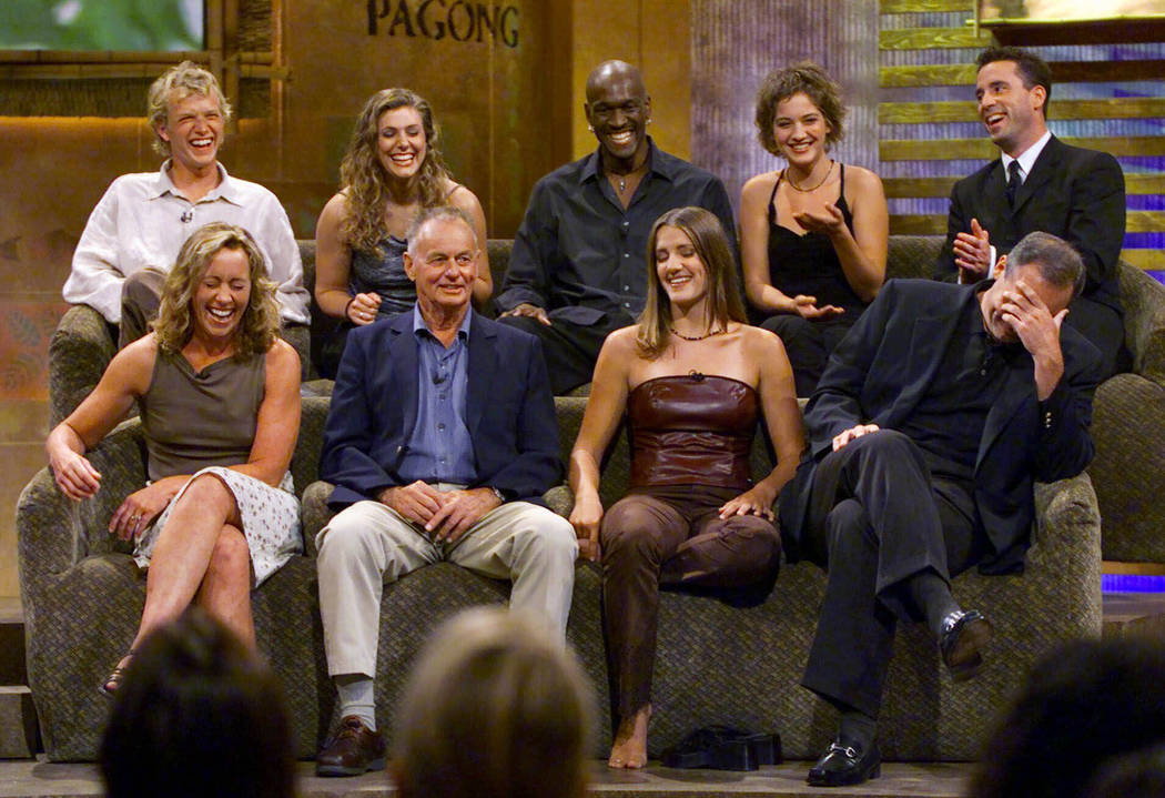 A group of "Survivor" contestants break into laughter during a live town hall meeting at CBS St ...