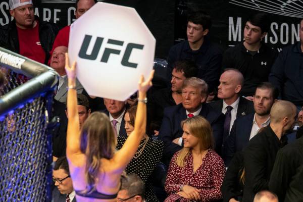 President Donald Trump looks on during UFC 244 mixed martial arts fights, Saturday, Nov. 2, 201 ...