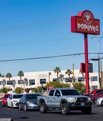 A long line of cars at the Popeyes on Bonanza Road in Las Vegas, Sunday, Nov. 3, 2019. Popeyes ...