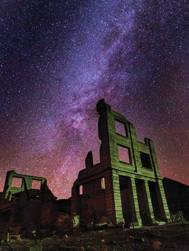 A view of the night sky over the Cook Bank building in Rhyolite on Friday, Nov. 22, 2019. (Chas ...