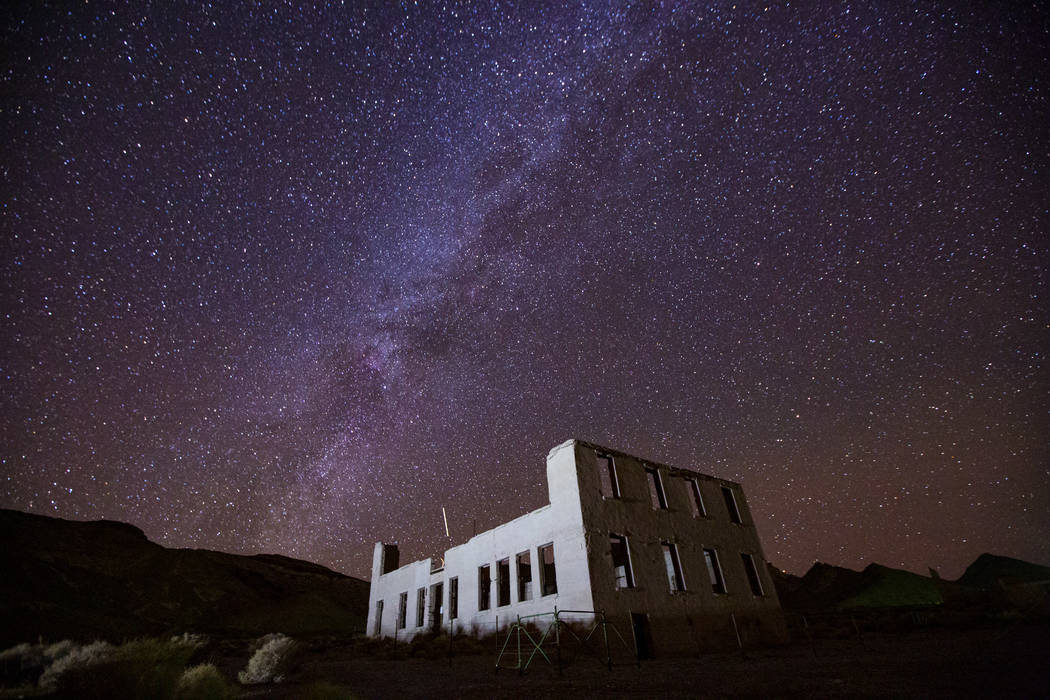 A view of the night sky over the school building in Rhyolite on Friday, Nov. 22, 2019. (Chase S ...