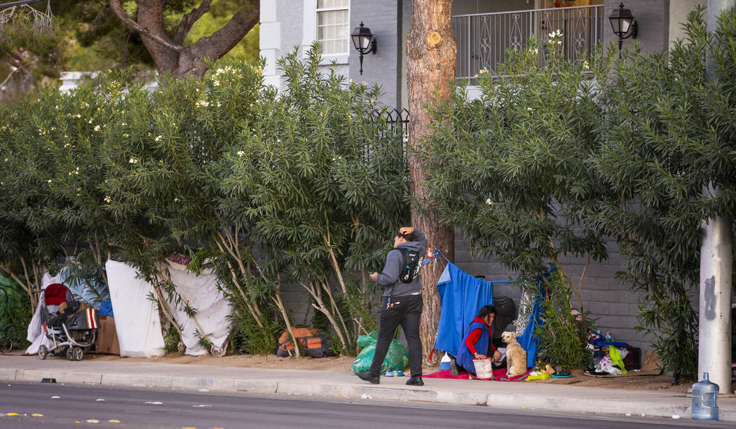 People make temporary homes amongst the trees off E. Twain Ave. near Molasky Family Park on Mon ...