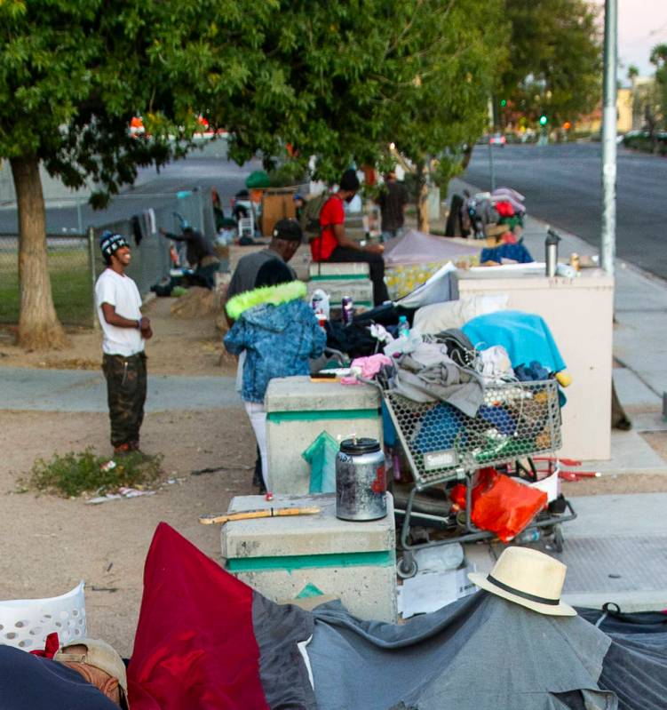 A myriad of possessions are gathered about a homeless encampment at Molasky Family Park off E. ...