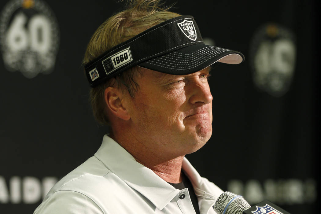 Oakland Raiders head coach Jon Gruden speaks at a news conference after an NFL football game ag ...