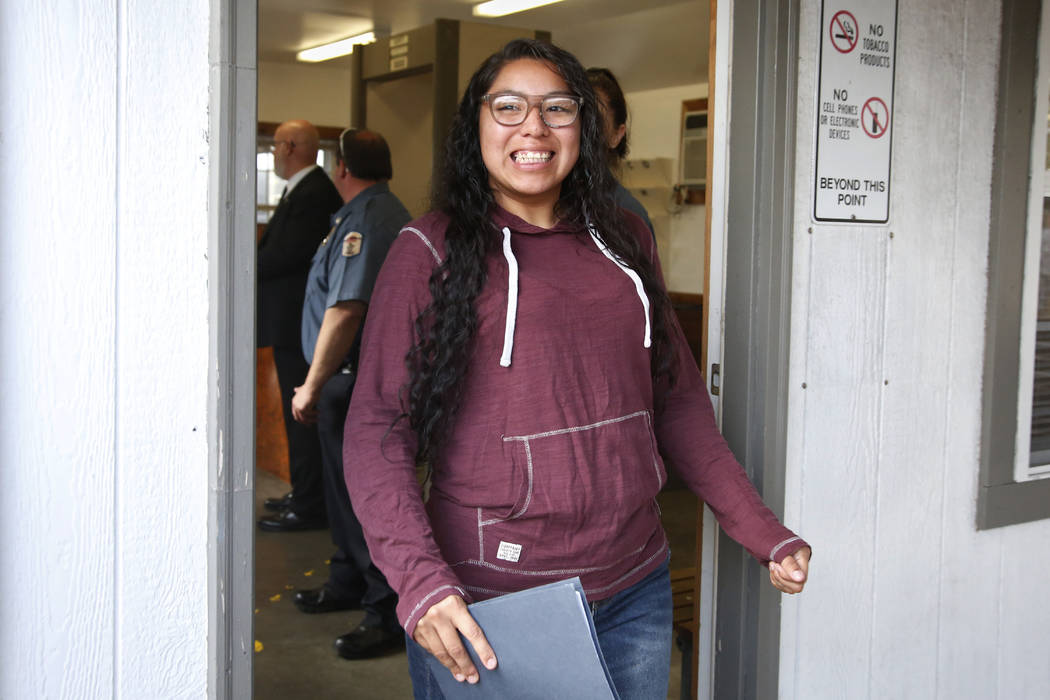 Tess Harjo walks out of the Eddie Warrior Correctional Center Monday, Nov. 4, 2019 in Taft, Okl ...