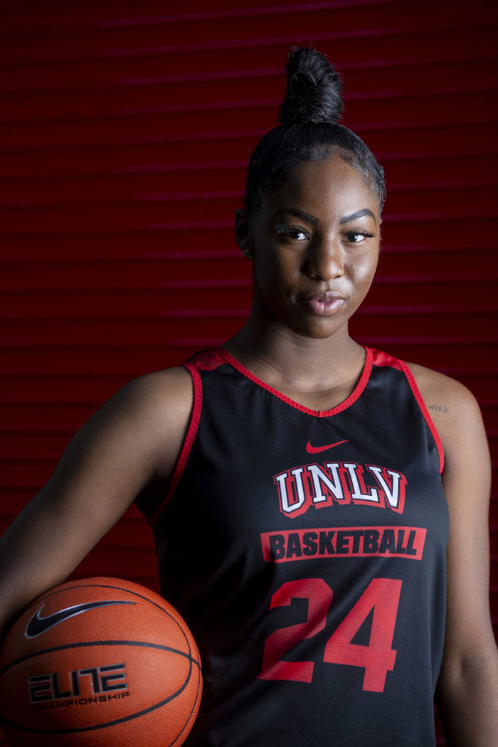 Center Rodjanae Wade (24) poses for a portrait during UNLV women's basketball media day at Thom ...