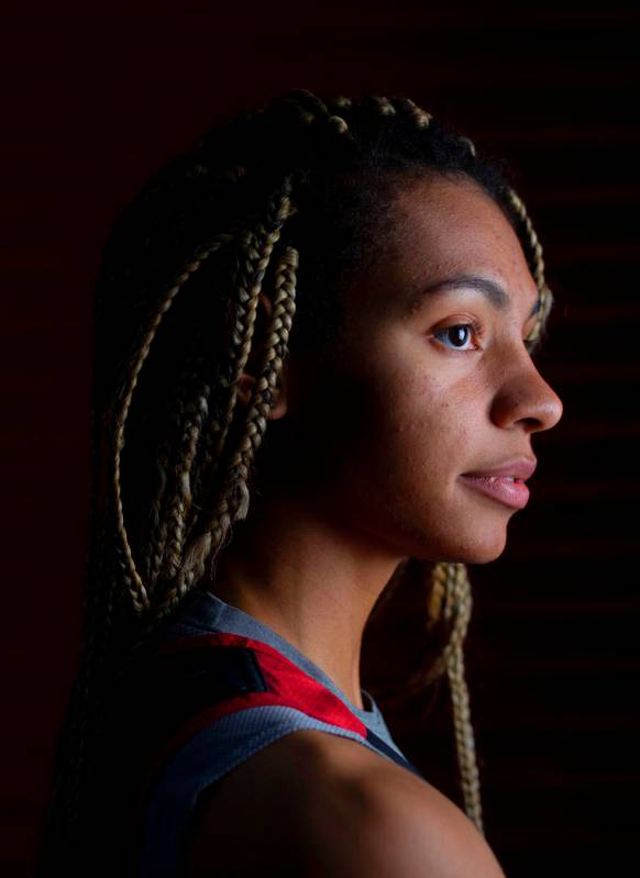 Guard Bailey Thomas (14) poses for a portrait during UNLV women's basketball media day at Thoma ...