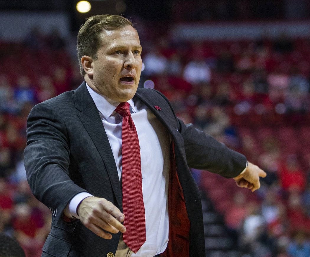 UNLV Rebels head coach T.J. Otzelberger directs his players versus Purdue Fort Wayne during the ...