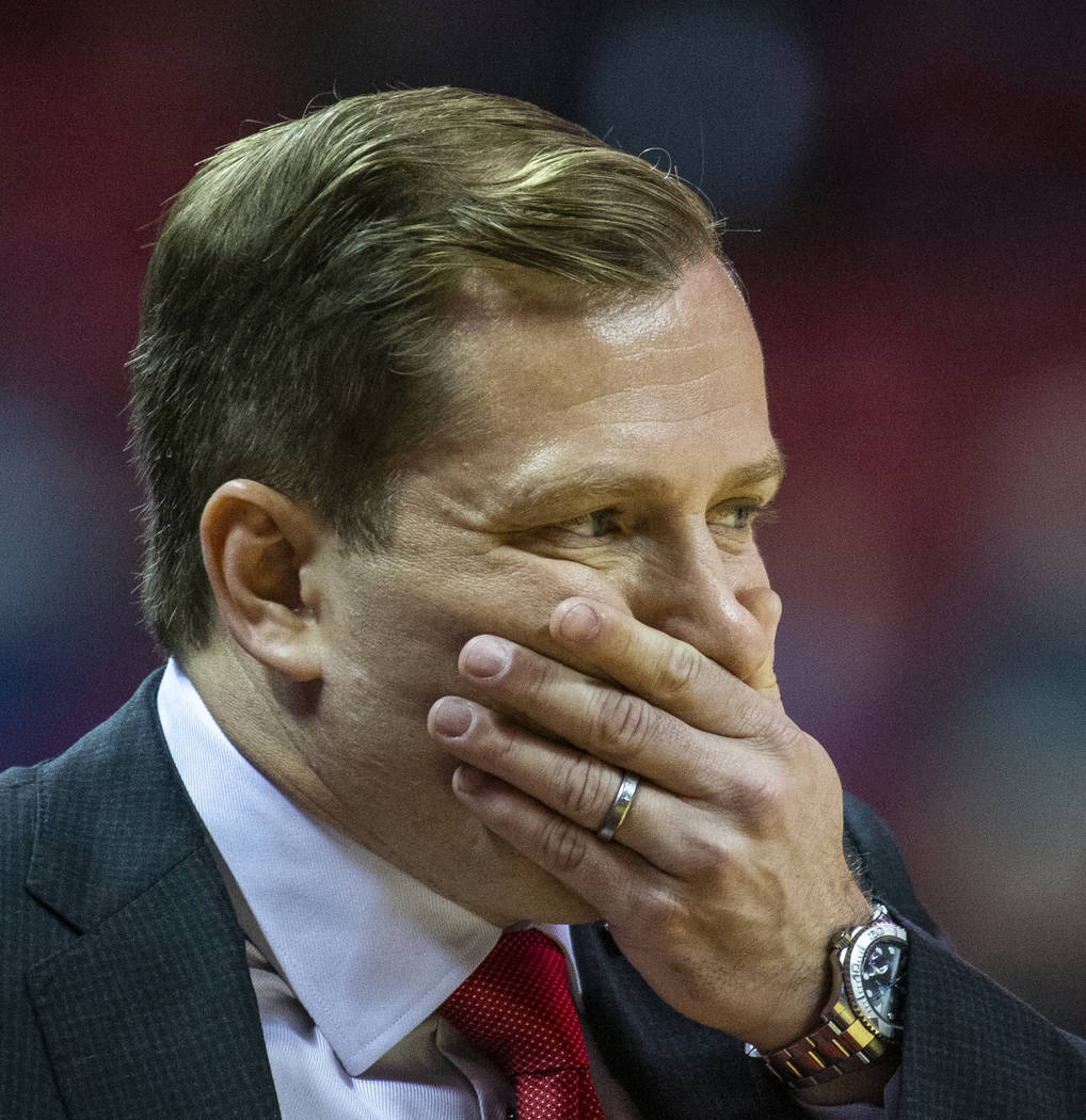 UNLV Rebels head coach T.J. Otzelberger is a bit dismayed versus Purdue Fort Wayne during the s ...