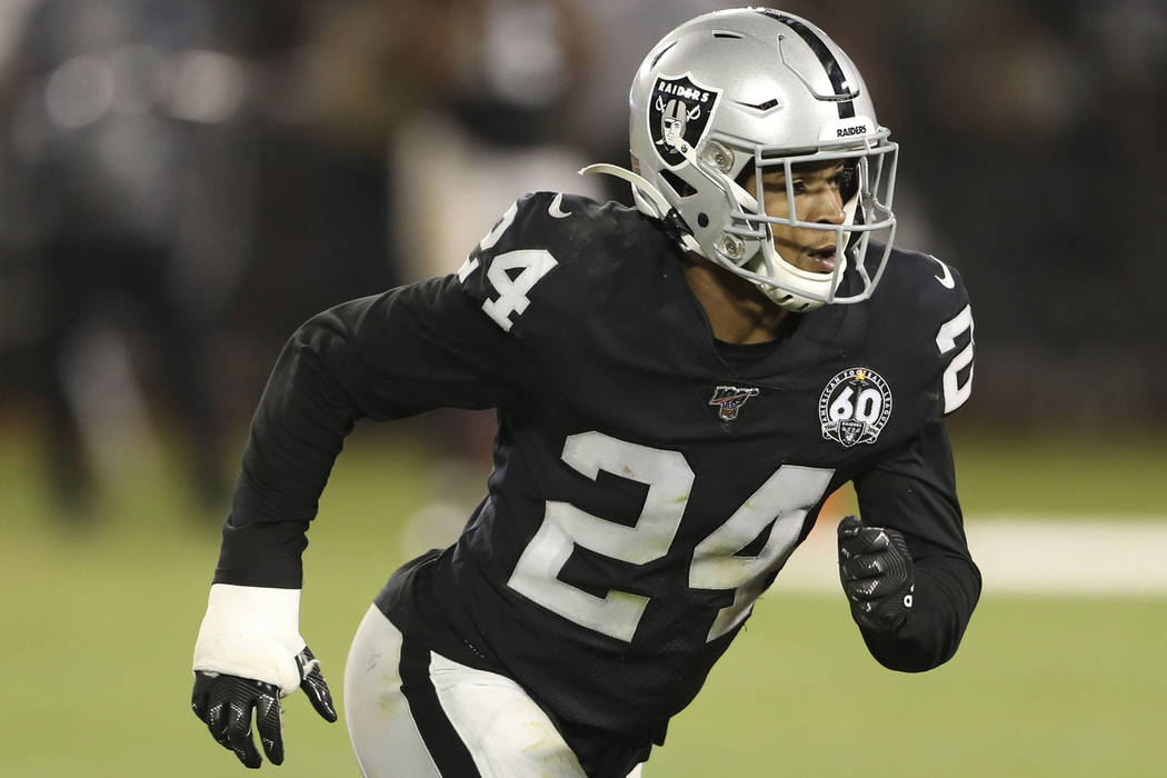 Oakland Raiders defensive back Johnathan Abram (24) rushes to cover an open receiver during an ...