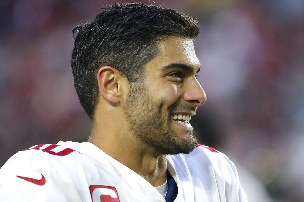 San Francisco 49ers quarterback Jimmy Garoppolo (10) during the first half of an NFL football g ...