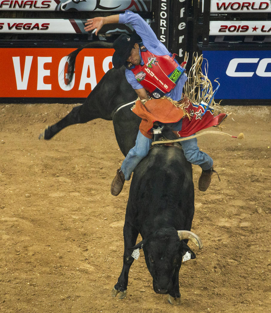 Alan de Souza lays back atop of Mad Child during the PBR World Finals at T-Mobile Arena on Wedn ...