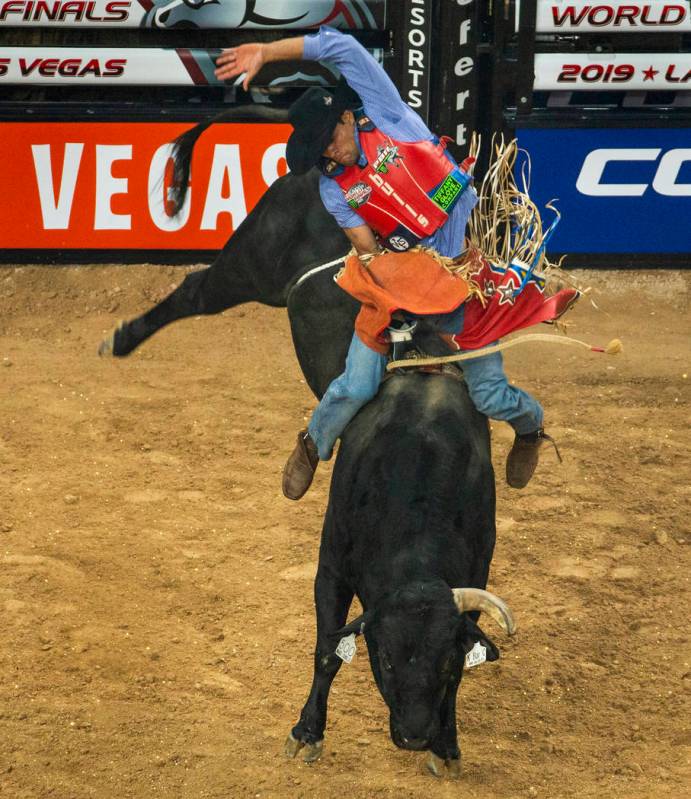 Alan de Souza lays back atop of Mad Child during the PBR World Finals at T-Mobile Arena on Wedn ...