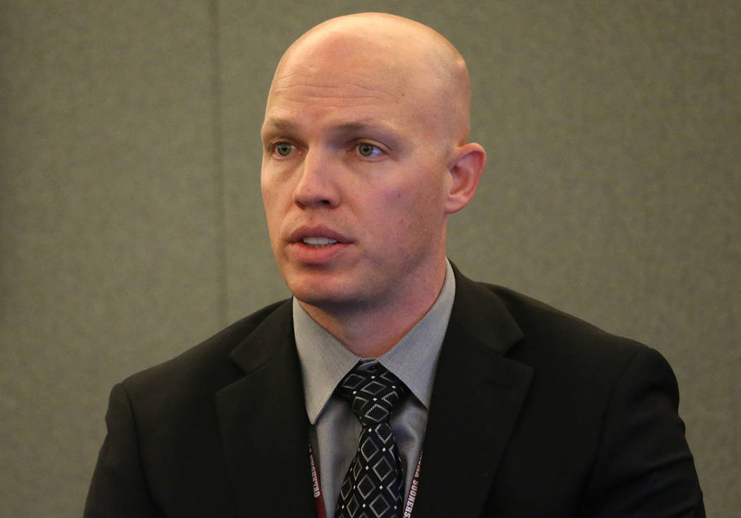 Las Vegas police officer Mitchell Legrow is questioned on the witness stand during the court tr ...