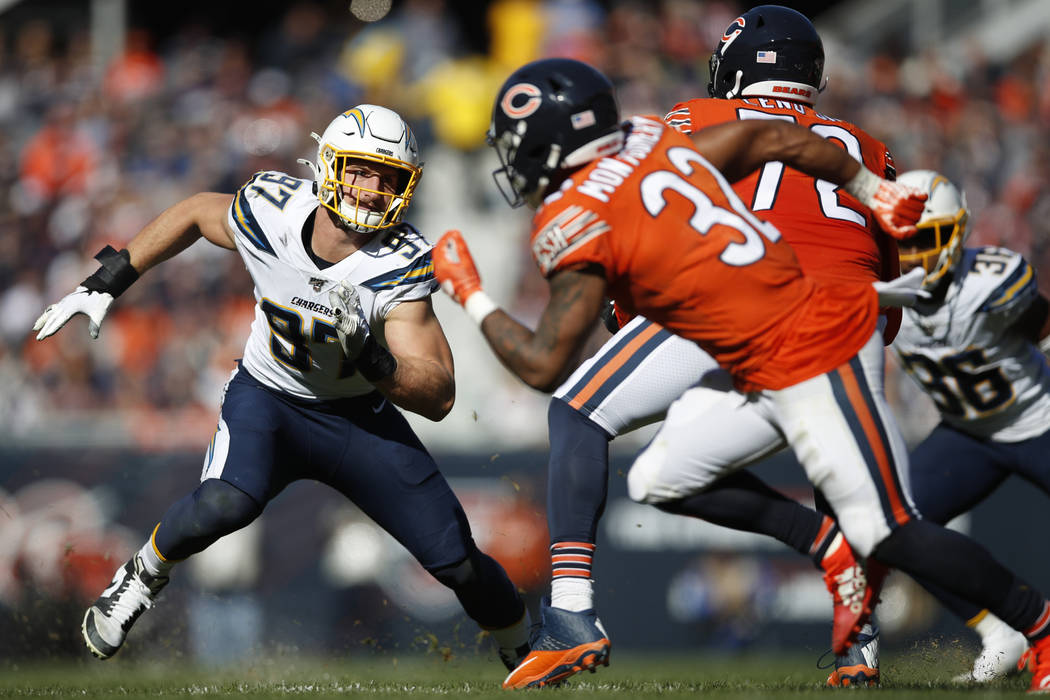 Los Angeles Chargers defensive end Joey Bosa (97) rushes in against the Chicago Bears during an ...