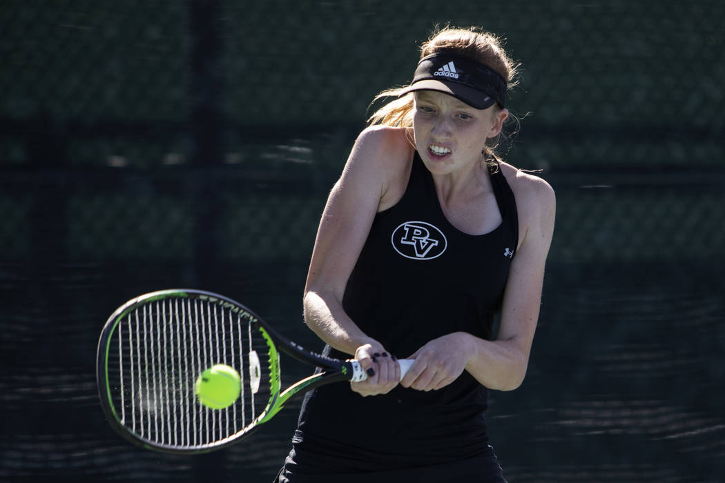 Palo Verde's Caroline Lemcke hits the ball to Coronado's Gabriella Balmer during the class 4A s ...