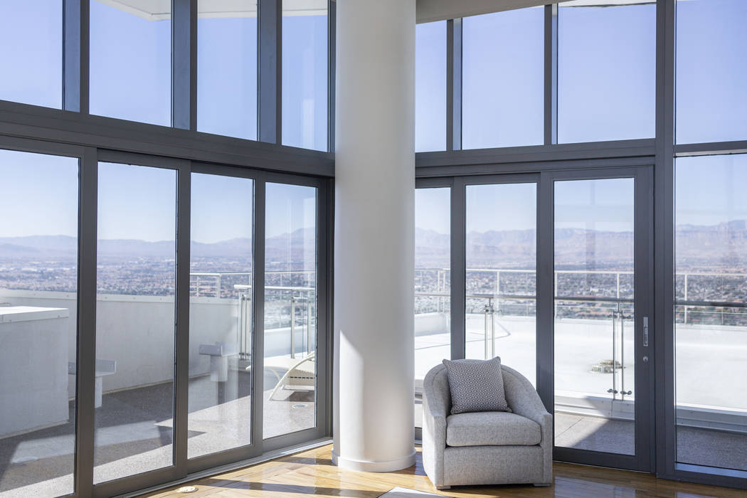Windows overlooking the Las Vegas Valley in the master bedroom of the Palms Place penthouse, wh ...