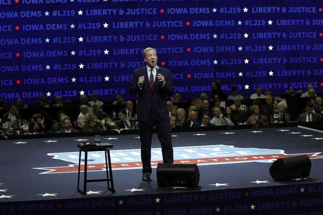 Democratic presidential candidate businessman Tom Steyer speaks during the Iowa Democratic Part ...