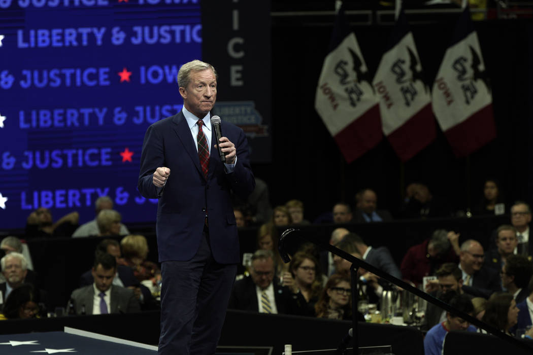 Democratic presidential candidate businessman Tom Steyer speaks during the Iowa Democratic Part ...