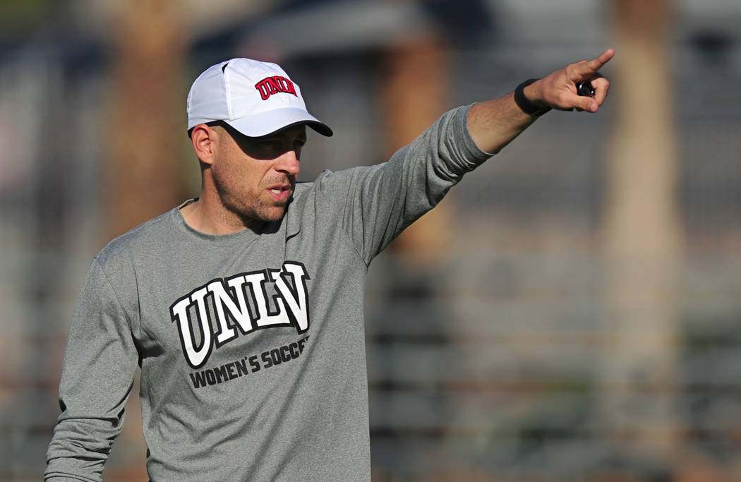 UNLV woman's soccer head coach Chris Shaw points during practice on the campus of UNLV in Las V ...