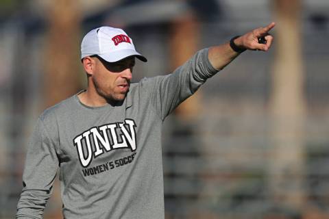 UNLV woman's soccer head coach Chris Shaw points during practice on the campus of UNLV in Las V ...