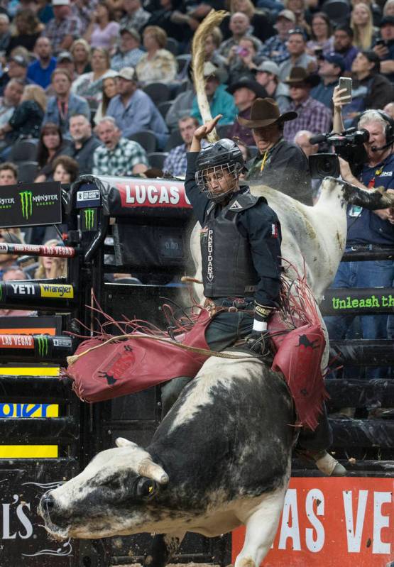 Dalton Kasel rides Sosa's Alley Cat during day two of the PBR World Finals on Thursday, Nov. 7, ...