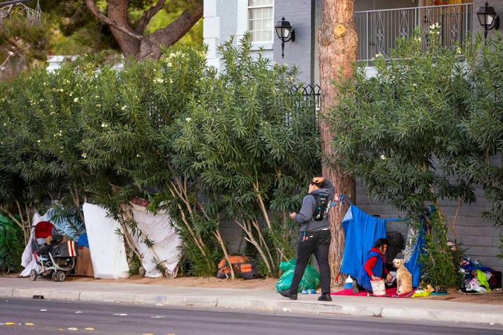 People make temporary homes amongst the trees off E. Twain Ave. near Molasky Family Park on Mon ...