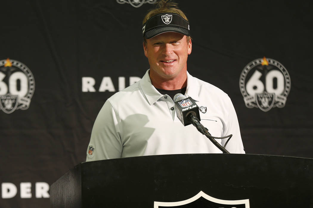 In a Nov. 3, 2019, file photo, Oakland Raiders head coach Jon Gruden speaks at a news conferenc ...