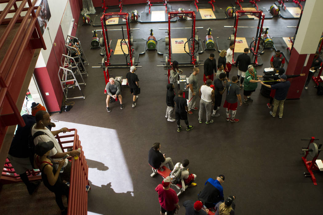 Players are measured during Pro Day at UNLV's Lied Athletic Complex on Thursday, March 17, 2016 ...