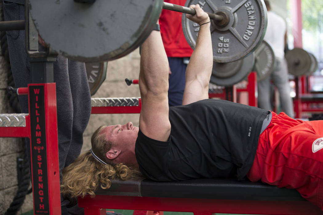 UNLV's Kimble Jensen warms up for the bench press challenge during Pro Day at UNLV's Lied Athle ...