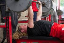 UNLV's Kimble Jensen warms up for the bench press challenge during Pro Day at UNLV's Lied Athle ...