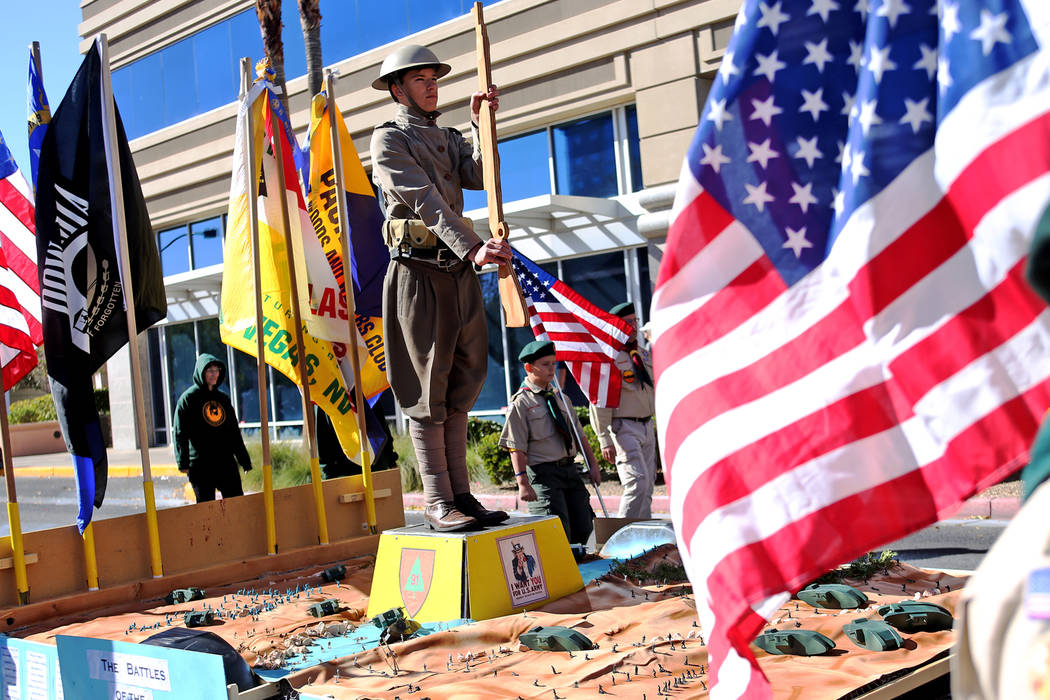 The Boy Scout float during the Veterans Day Parade in Las Vegas, Sunday, Nov. 11, 2018. The Tro ...