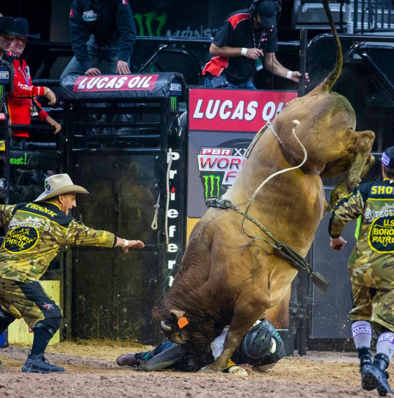 A rider is seen during the third day of the PBR World Finals at T-Mobile Arena on Wednesday, No ...