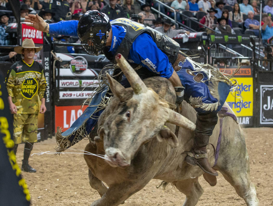 Eduardo Aparecido battles Trail of Tears during the third day of the PBR World Finals at T-Mobi ...