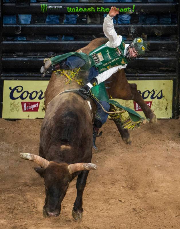 Jess Lockwood makes another winning ride atop of Biker Bob during the third day of the PBR Worl ...