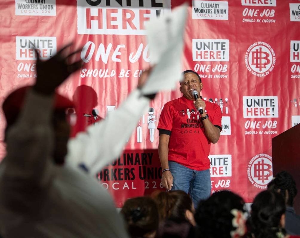 The crowd roars as Las Vegas Culinary Union Vice President Leain Vashon leads chants at a town ...