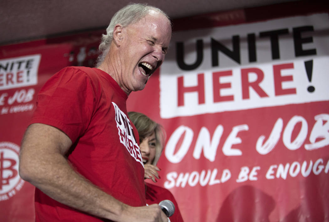 UNITE HERE President D. Taylor celebrates as presidential candidate Kamala Harris takes the sta ...