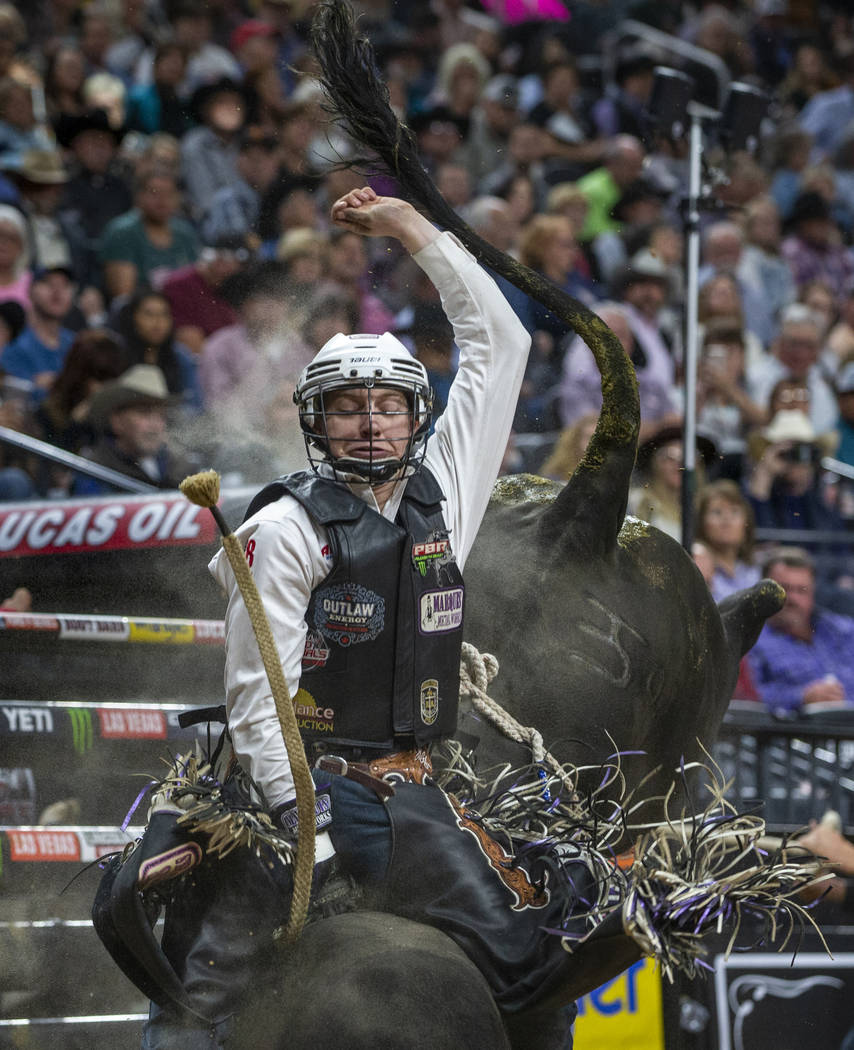 Mason Taylor sits tall on Nathan during the fourth day of the PBR World Finals at T-Mobile Aren ...