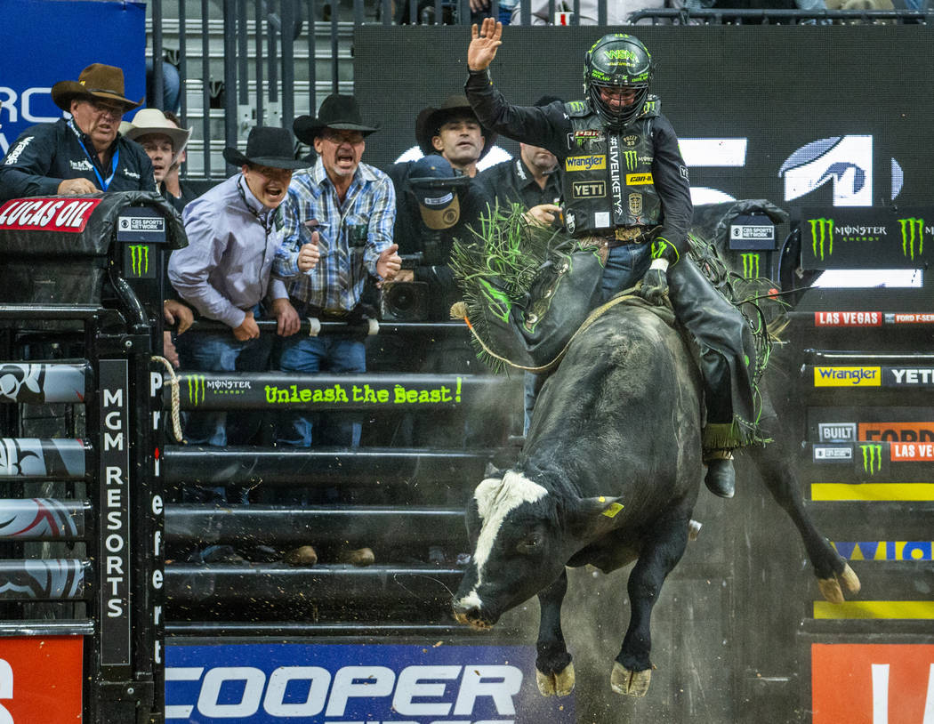 Chase Outlaw chases the leaders atop of Catch My Drift during the fourth day of the PBR World F ...