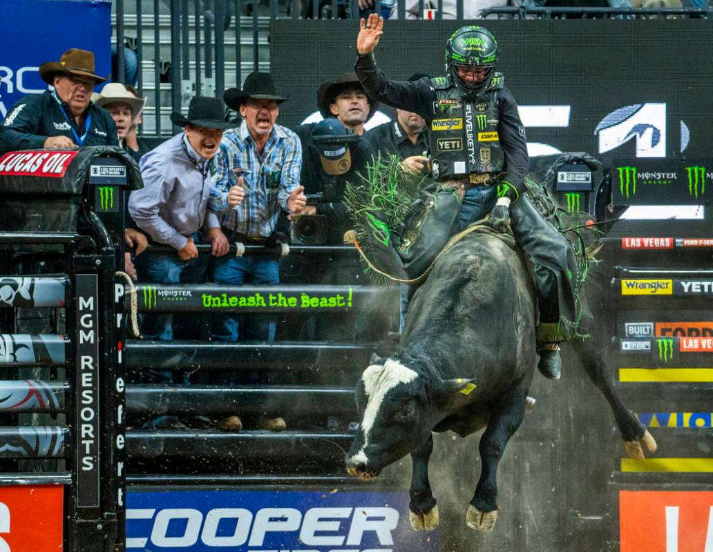 Chase Outlaw chases the leaders atop of Catch My Drift during the fourth day of the PBR World F ...